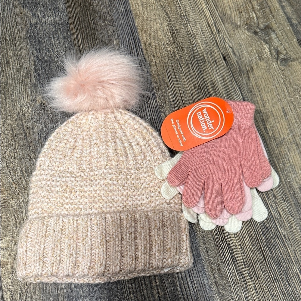 Wonder Nation Blush Knit Hat and Gloves Set